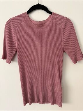 ba&sh Dusty Rose Ribbed Short-Sleeve Metallic Knit Top